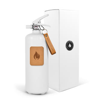 Nordic Flame Brandblusser - Poederblusser 2 kg - Wit – Lerenembleem - Design Ontwerp Voor Extra Veiligheid - A,-B,-C-Branden - Scandinavisch